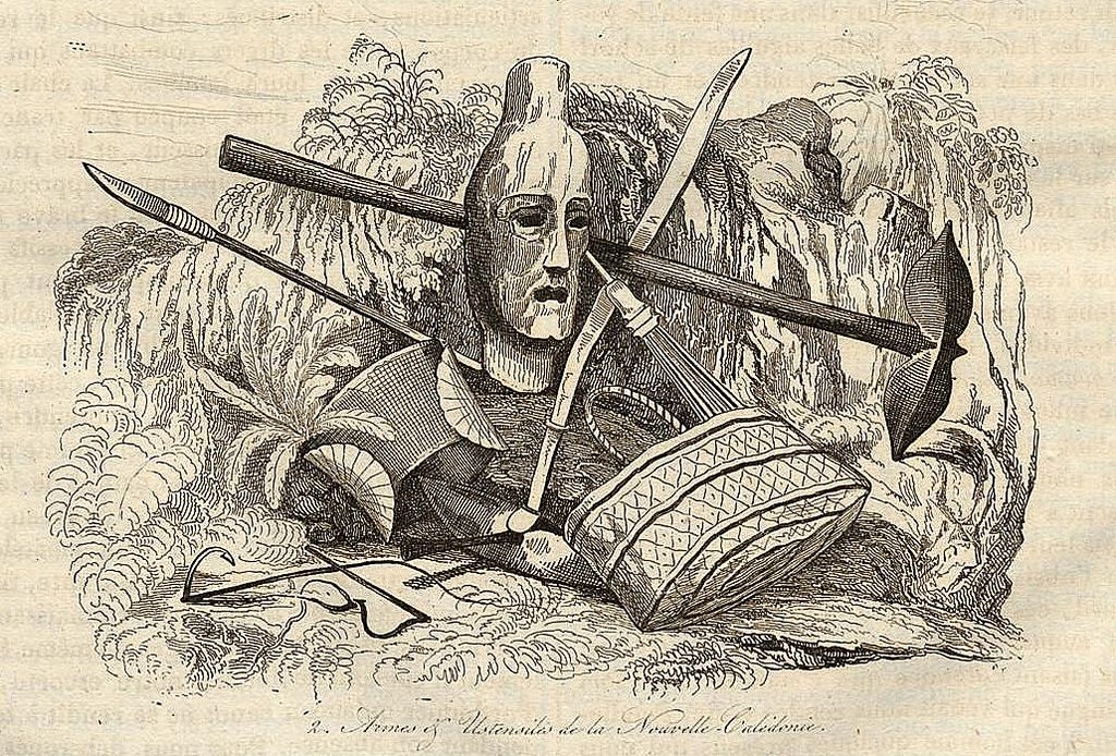 Estampe Armes et ustensiles de la Nouvelle-Calédonie Voyage pittoresques autour du monde 1834 Dessinateur Louis Auguste de Sainson