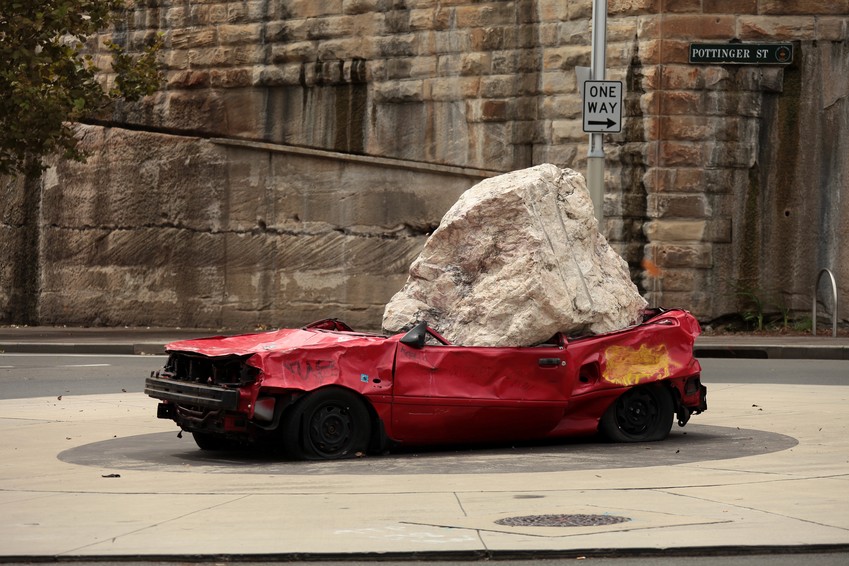 Pottinger Street car crash Roundabout Sydney Street art sculpture Australia