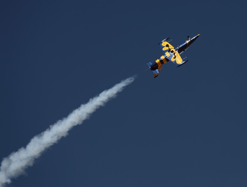 L-39C Albatros BALTIC BEES JET TEAM fumee blanche dans le ciel avion acrobatie aerienne emirats arabes unis al-ain air show