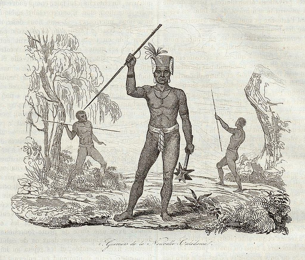 Estampe Guerriers de la Nouvelle-Calédonie voyage pittoresque autour du monde 1834 Dessinateur Louis Auguste de Sainson