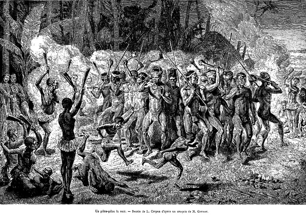 Gravure Pilou-Pilou par Jules Garnier Nouvelle-Calédonie 1863 danse kanak rites sociaux qui mobilisent les clans et les tribus