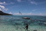 Lagoonarium de Mooréa homme donnant à manger aux oiseaux eau cristaline Polynésie Française