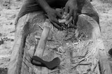 carpenteur diging inside a trunk build pirogue french polynesia moore island  axe