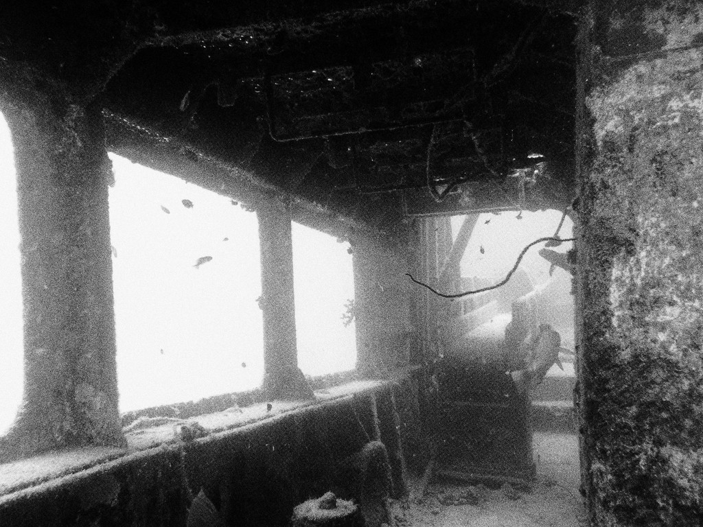 Black and white picture wreck New Caledonia former fishboat art photography