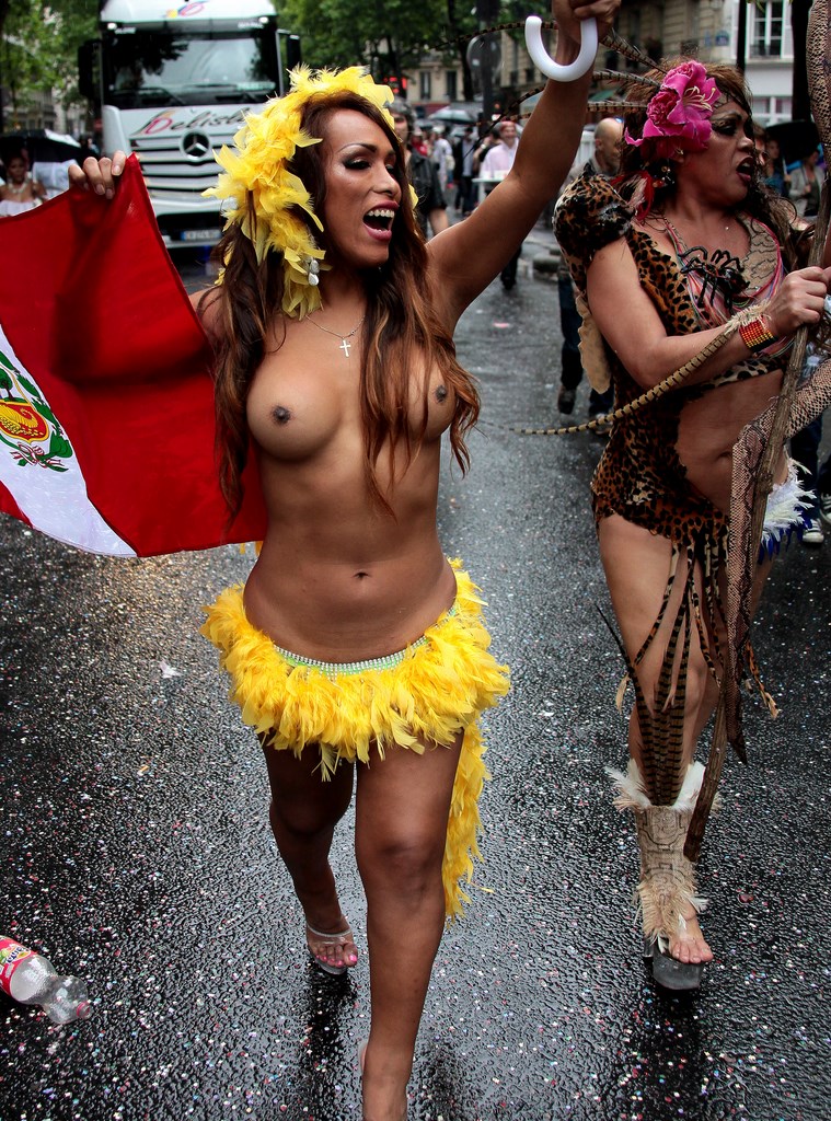 Transexuel seins nus Gay Pride Paris 2014 fiertés lesbiennes gaies bi homophobie homosexuel