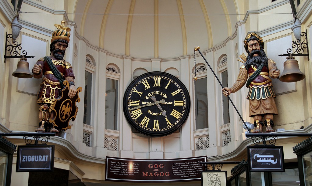 Mythical figures Gog and Magog Royal Arcade heritage shopping arcade central business district Melbourne, Victoria, Australia