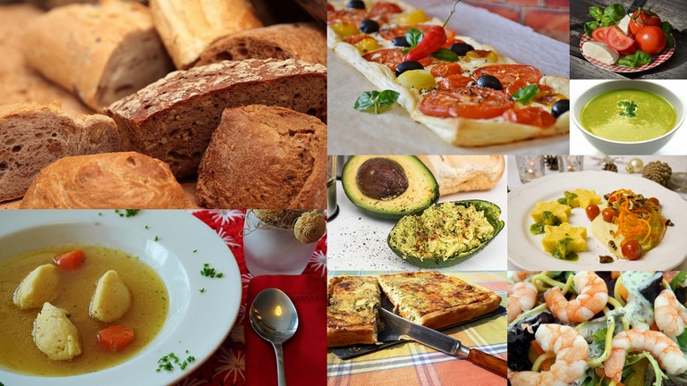 Cuisine Française Entrée chaude ou froide soupe, tarte, pizza, pain, crevette