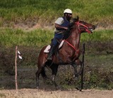 Stockman durant le parcours avec casque de protection et gilet